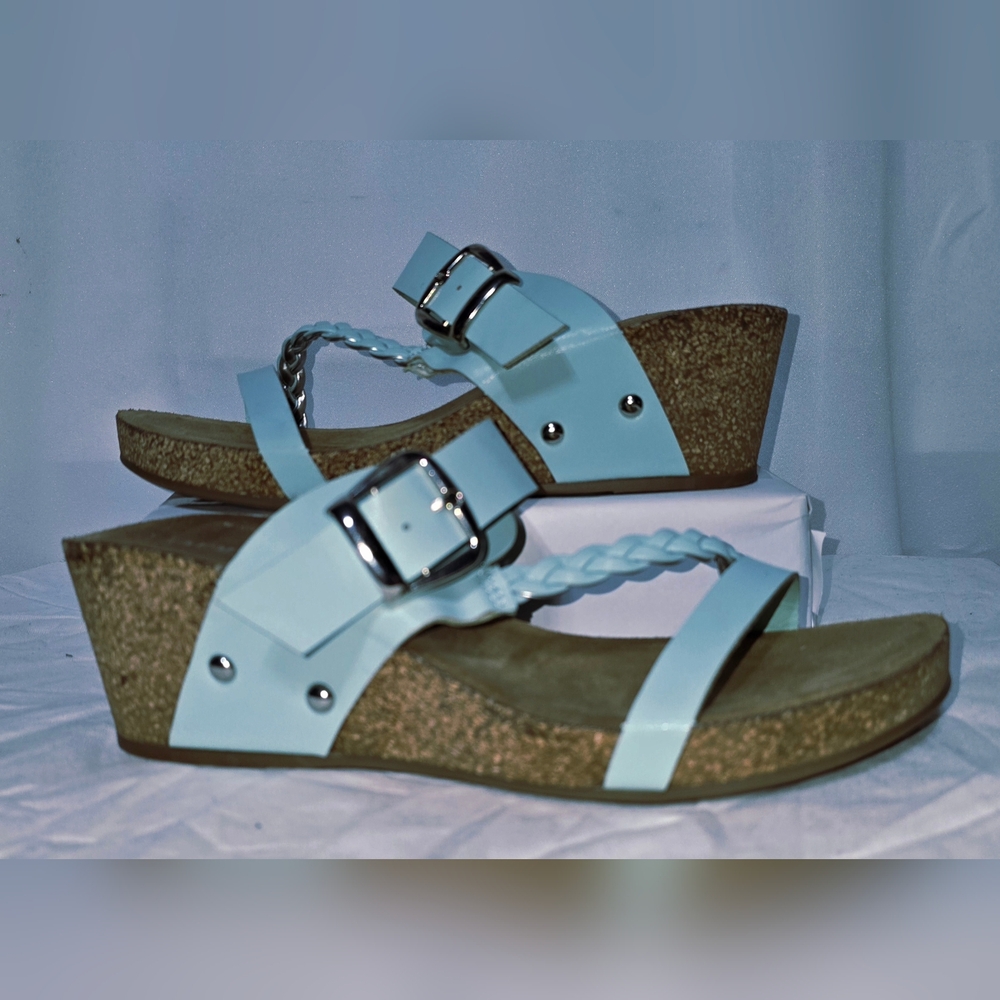 Womens ANNIE COMFORT Wedge Heel Slip On Sandals w Braided Accent  Lt Blu Sz 8 M